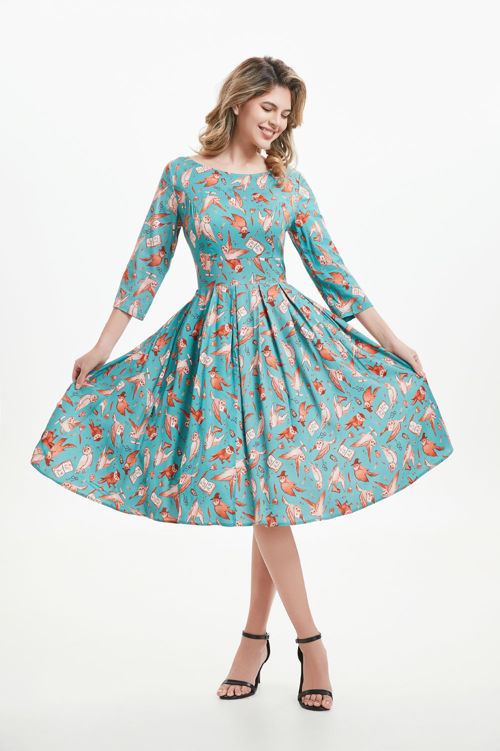 amaya floral long sleeve dress Miss Lulo Plus Size Amaya Magical Owls A-Line Dress, Baby Blue Multi, 2X