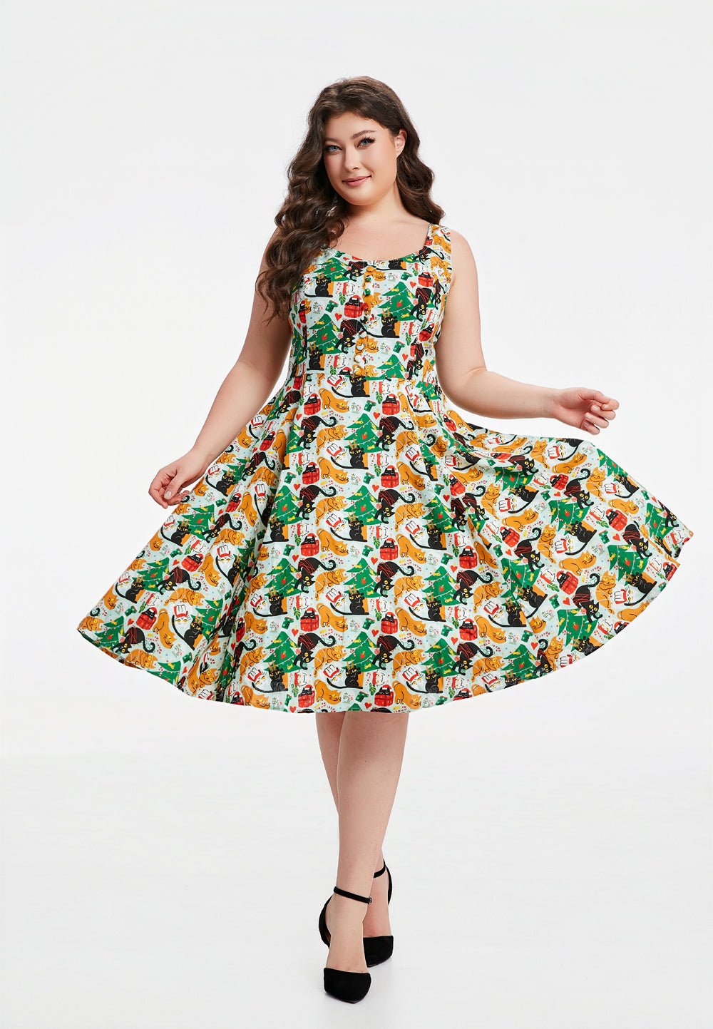 meowy christmas dress Miss Lulo Plus Size Heidi Mint Multi Smocked Back V-Neck Dress for Female, 2X