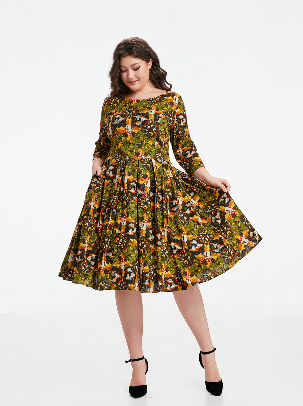 amaya floral long sleeve dress Miss Lulo Plus Size Enchanted Mushrooms A-Line Pleated Skirt, Olive Multi, 2X, Female
