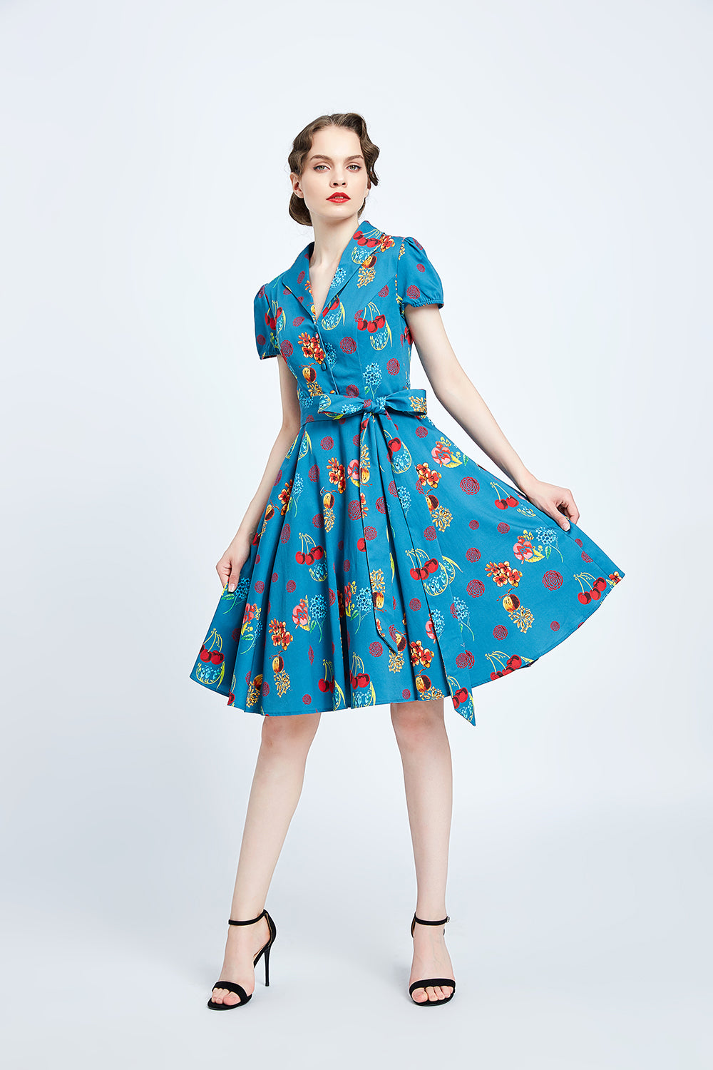 Miss Lulo Monroe Cherry Floral Dress, Blue, X-Small, Female