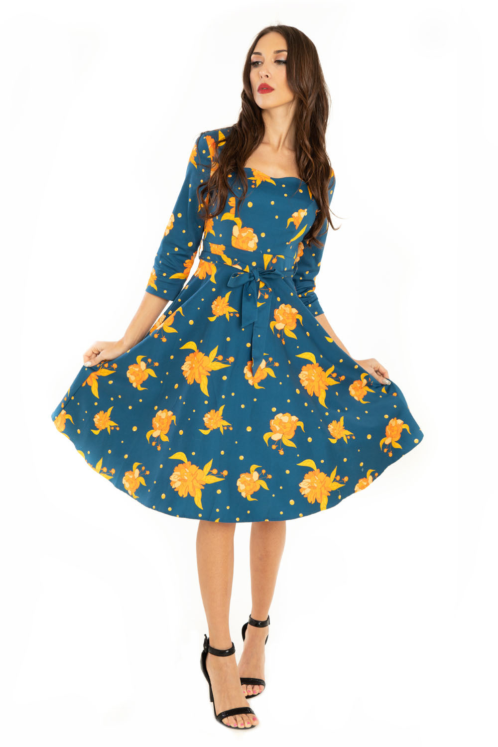 navy blue dress with orange flowers Vintage Unbranded Navy Blue With White and Orange Flowers Leaves, Large  Dress With Tie Large