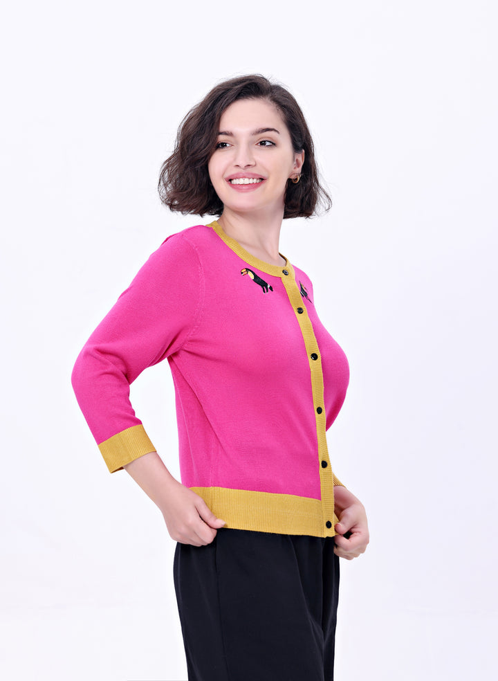 "Leslie" Toucan Embroidered Cardigan