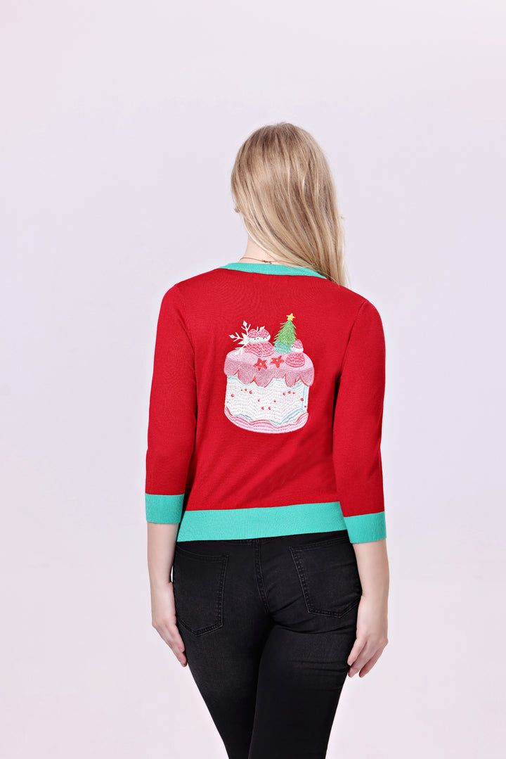 "Leslie" Christmas Cakes Embroidered Cardigan