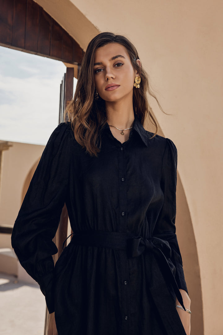 Cindy | Flax-Linen Midi Shirt Dress With Pockets