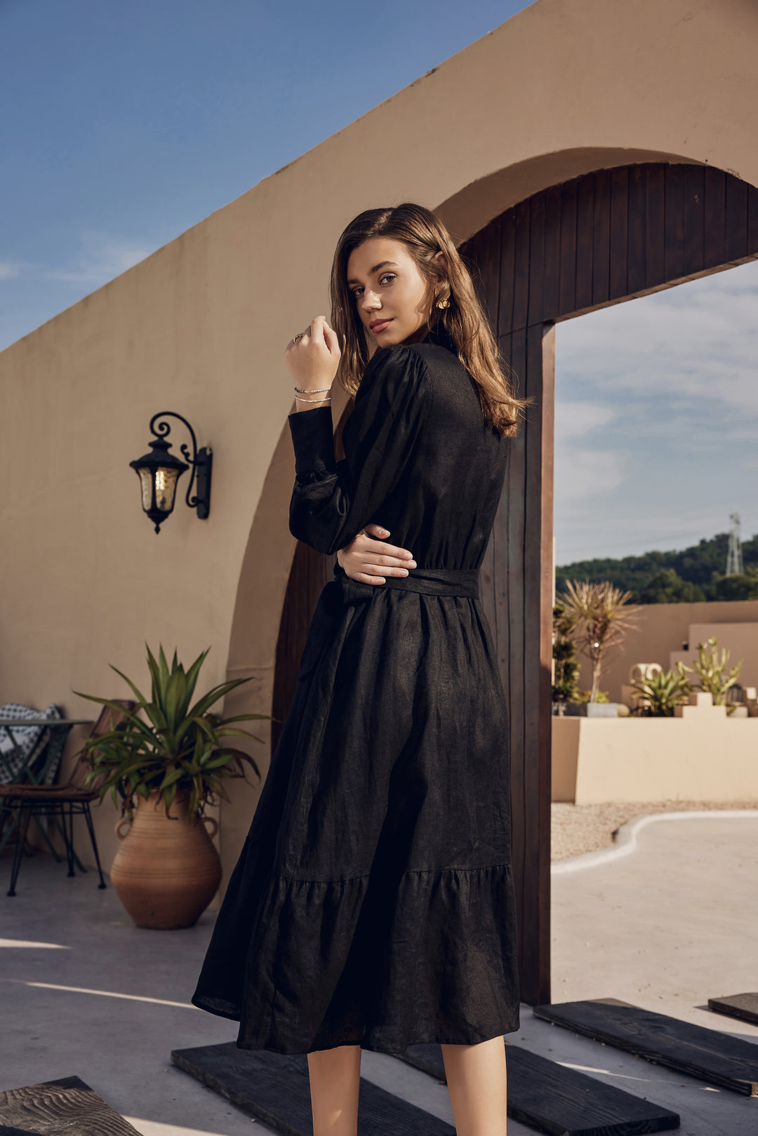 Cindy | Flax-Linen Midi Shirt Dress With Pockets