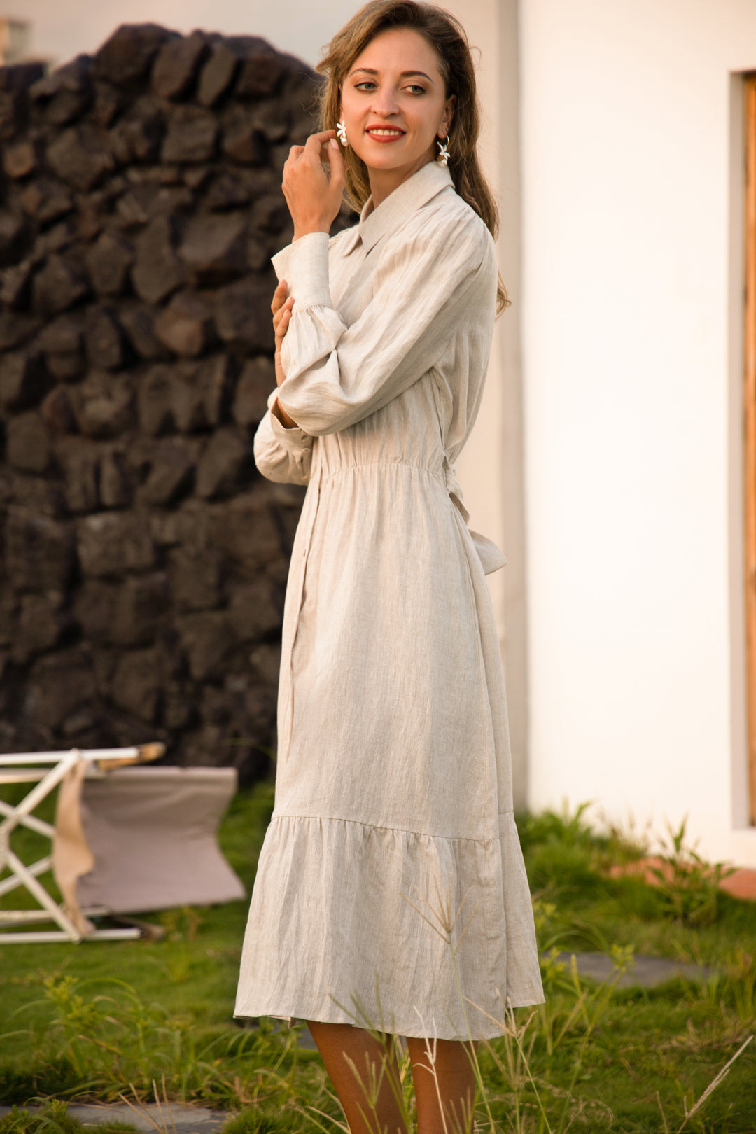 Cindy | Flax-Linen Midi Shirt Dress With Pockets