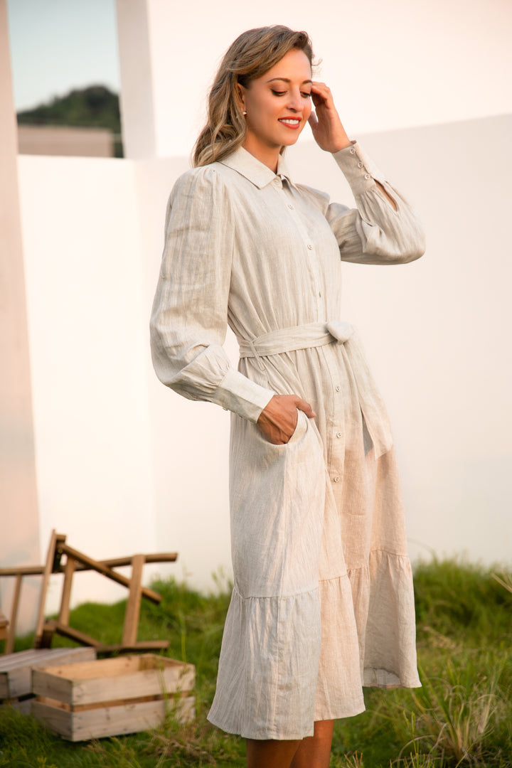 Cindy | Flax-Linen Midi Shirt Dress With Pockets