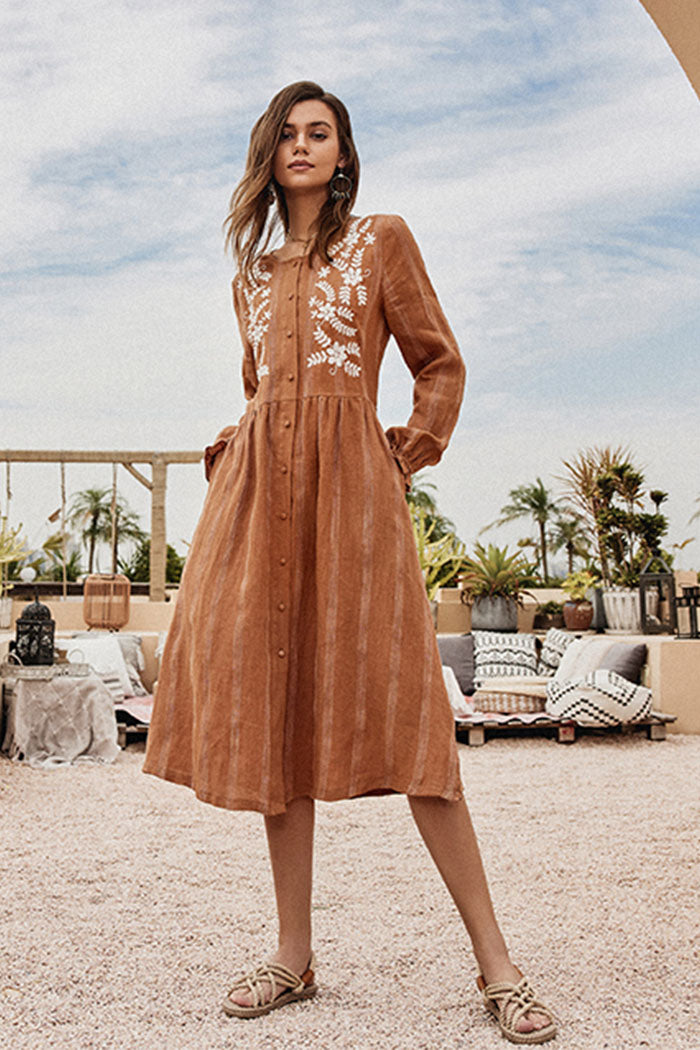 Susan | Flax-Linen Midi Shirt Dress With Pockets