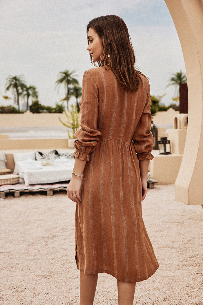 Susan | Flax-Linen Midi Shirt Dress With Pockets